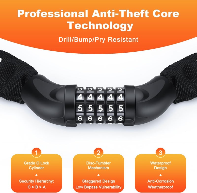 YBLNTEK Heavy Duty Bike Chain Lock, 5 Digit Combination Resettable Bike Lock, Anti-Theft Hardened Steel Chain Bicycle Locks Keyless 3.2Ft Long 6mm/0.24" Thick for Bikes, E-Bike, Motorcycle, Motorbike - Image 3